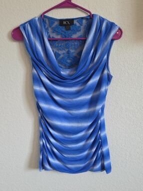 BCX Vintage Y2K Blue Striped Ruched Cowl Neck Tank Top Med